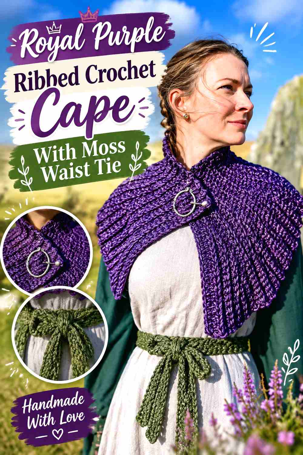 2. Royal Purple Ribbed Crochet Cape With Moss Waist Tie