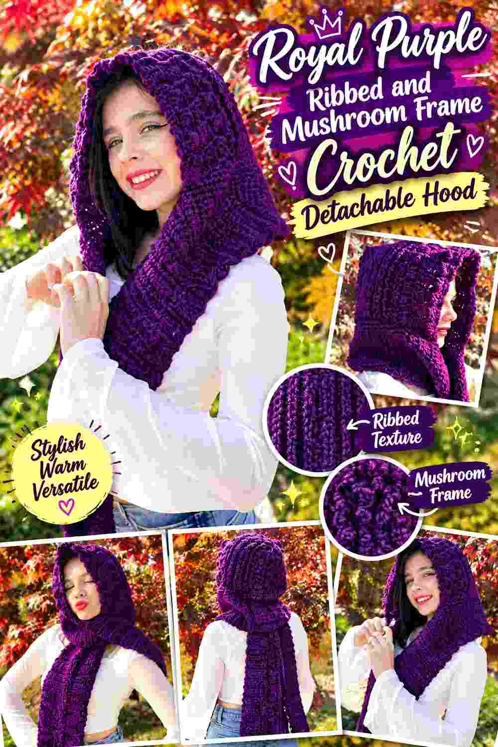 5. Royal Purple Ribbed And Mushroom Frame Crochet Detachable Hood