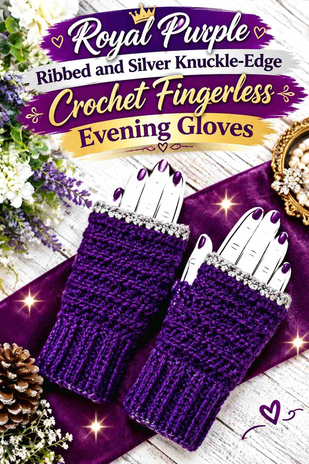 3. Royal Purple Ribbed And Silver Knuckle Edge Crochet Fingerless Evening Gloves
