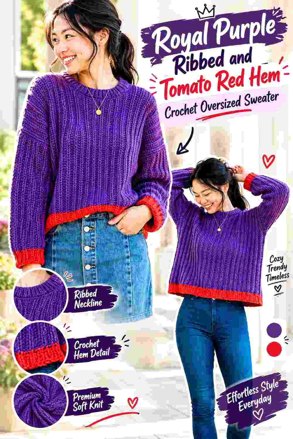 7. Royal Purple Ribbed And Tomato Red Hem Crochet Oversized Sweater