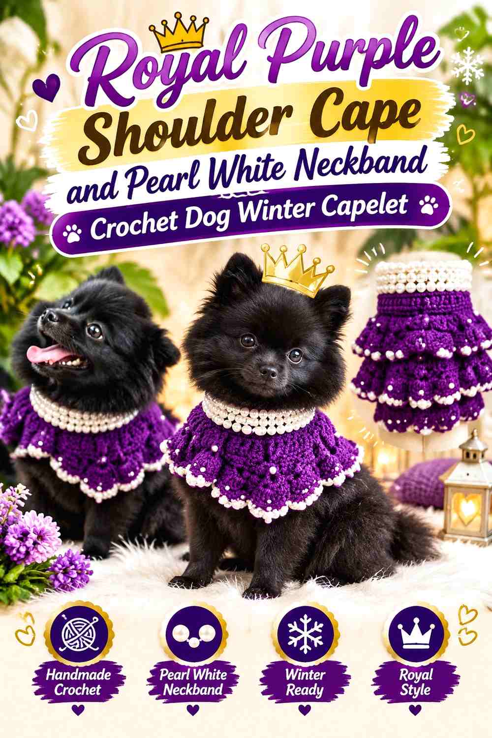 Royal Purple Shoulder Cape and Pearl White Neckband Crochet Dog Winter Capelet