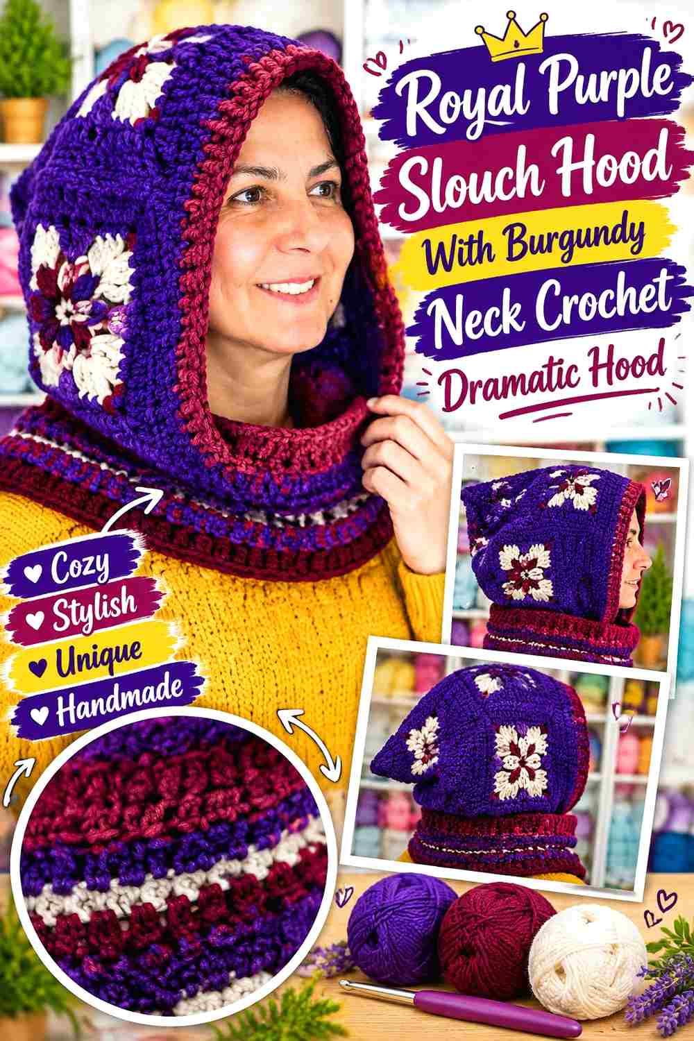 5. Royal Purple Slouch Hood With Burgundy Neck Crochet Dramatic Hood