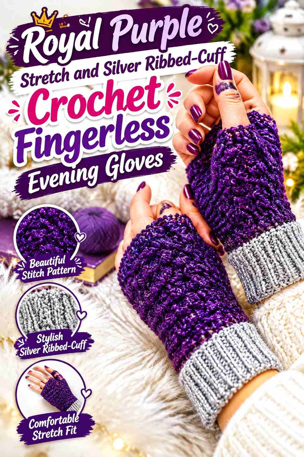 8. Royal Purple Stretch And Silver Ribbed Cuff Crochet Fingerless Evening Gloves