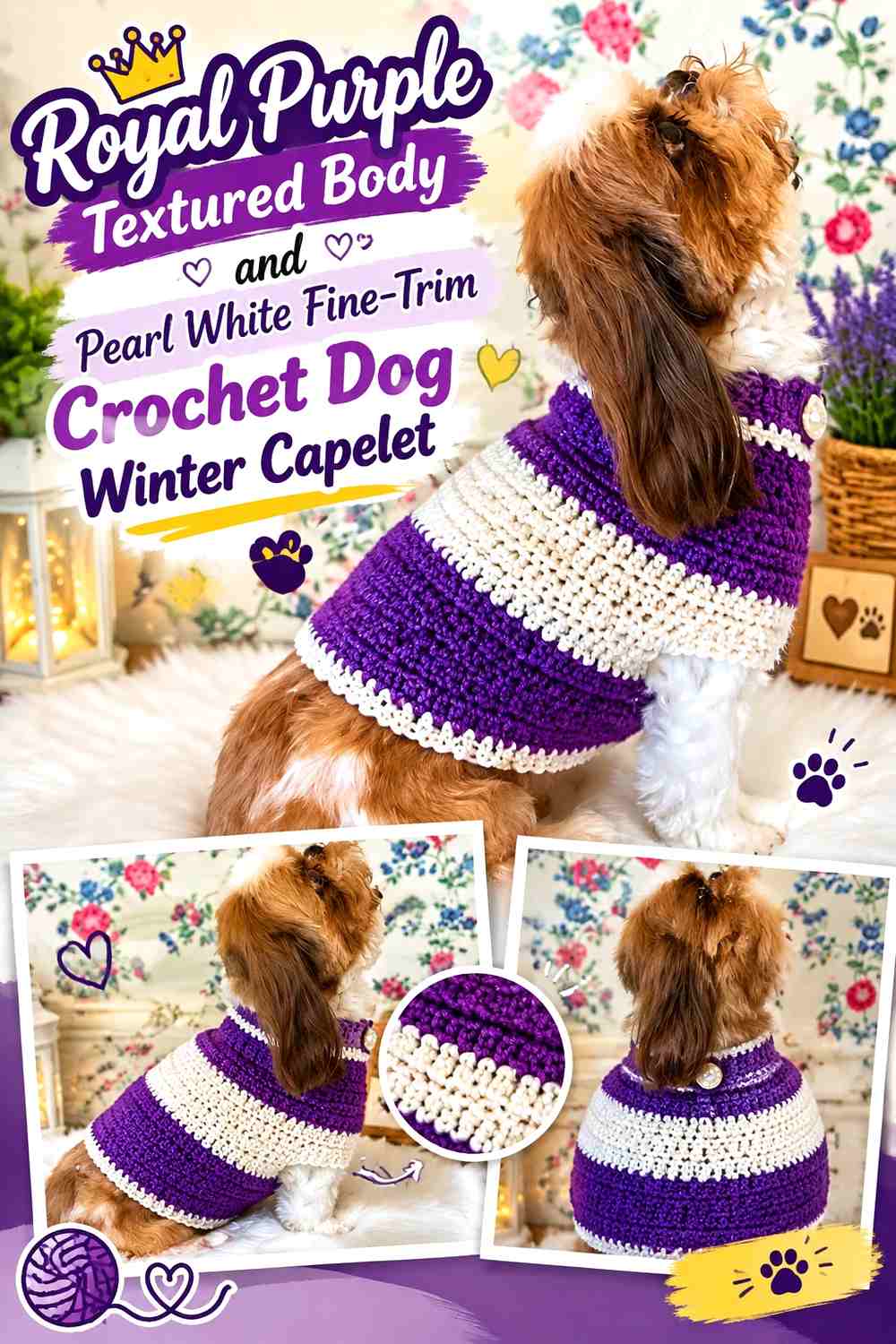 Royal Purple Textured Body and Pearl White Fine-Trim Crochet Dog Winter Capelet
