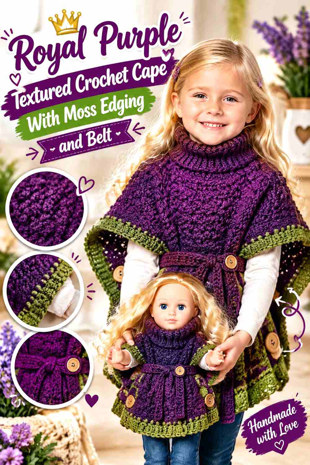 8. Royal Purple Textured Crochet Cape With Moss Edging And Belt