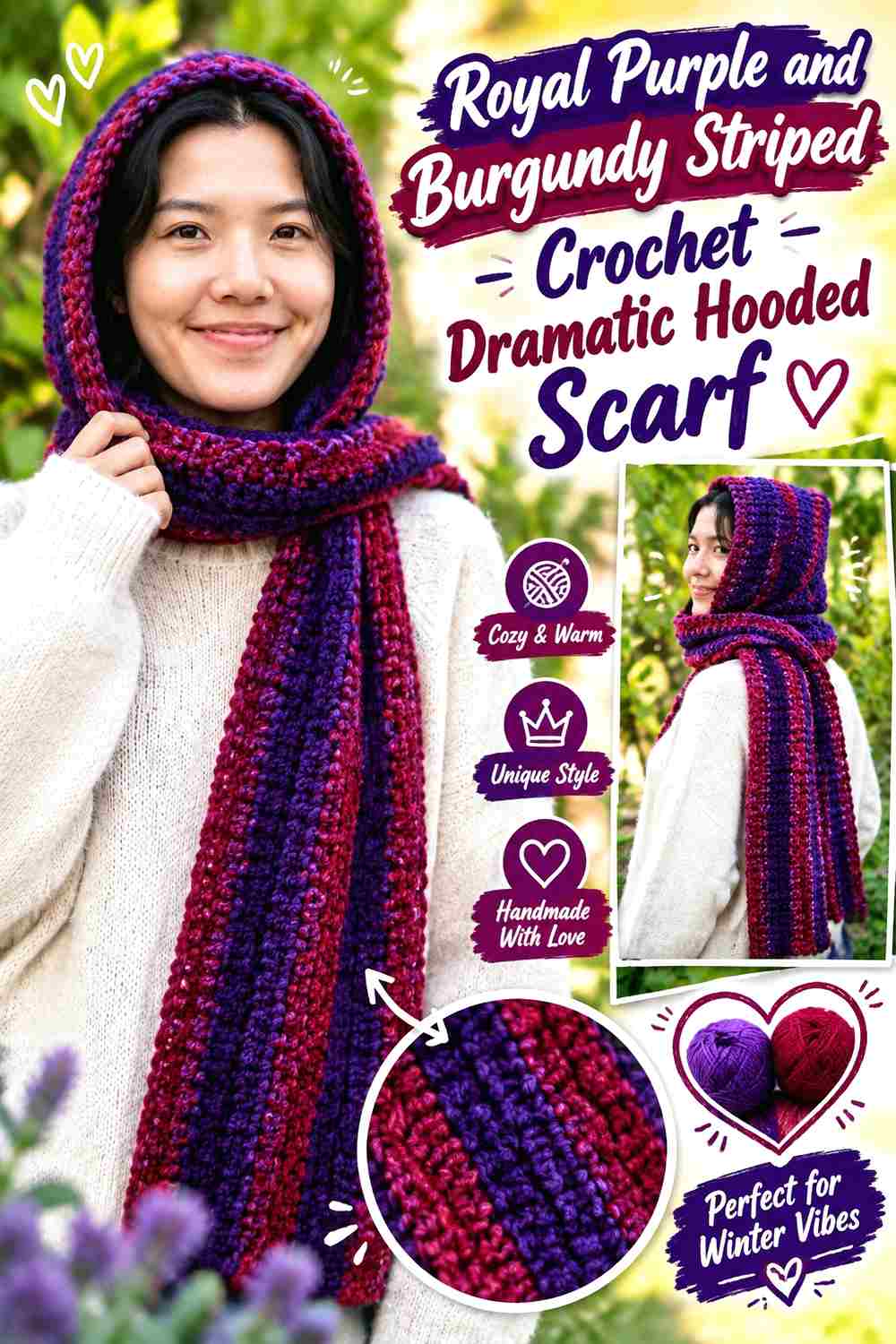 10. Royal Purple And Burgundy Striped Crochet Dramatic Hooded Scarf