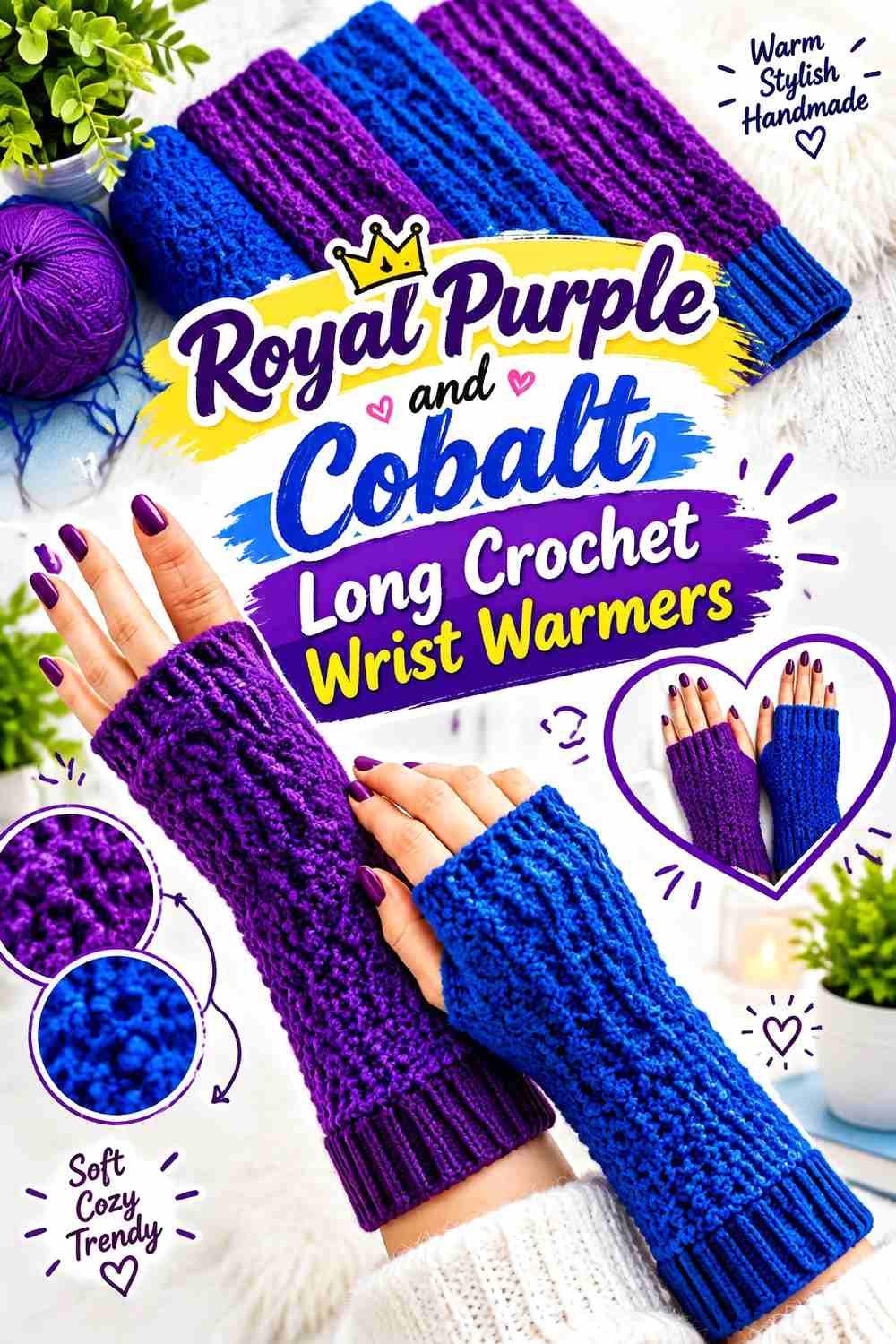 5. Royal Purple And Cobalt Long Crochet Wrist Warmers