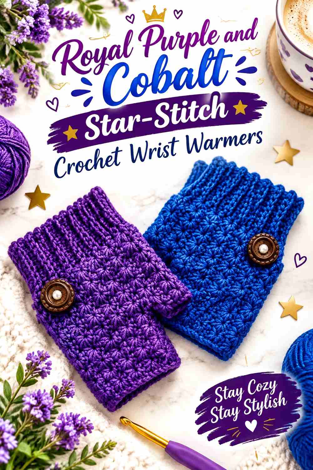 10. Royal Purple And Cobalt Star Stitch Crochet Wrist Warmers