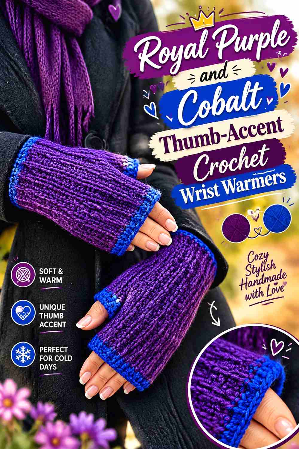 3. Royal Purple And Cobalt Thumb Accent Crochet Wrist Warmers
