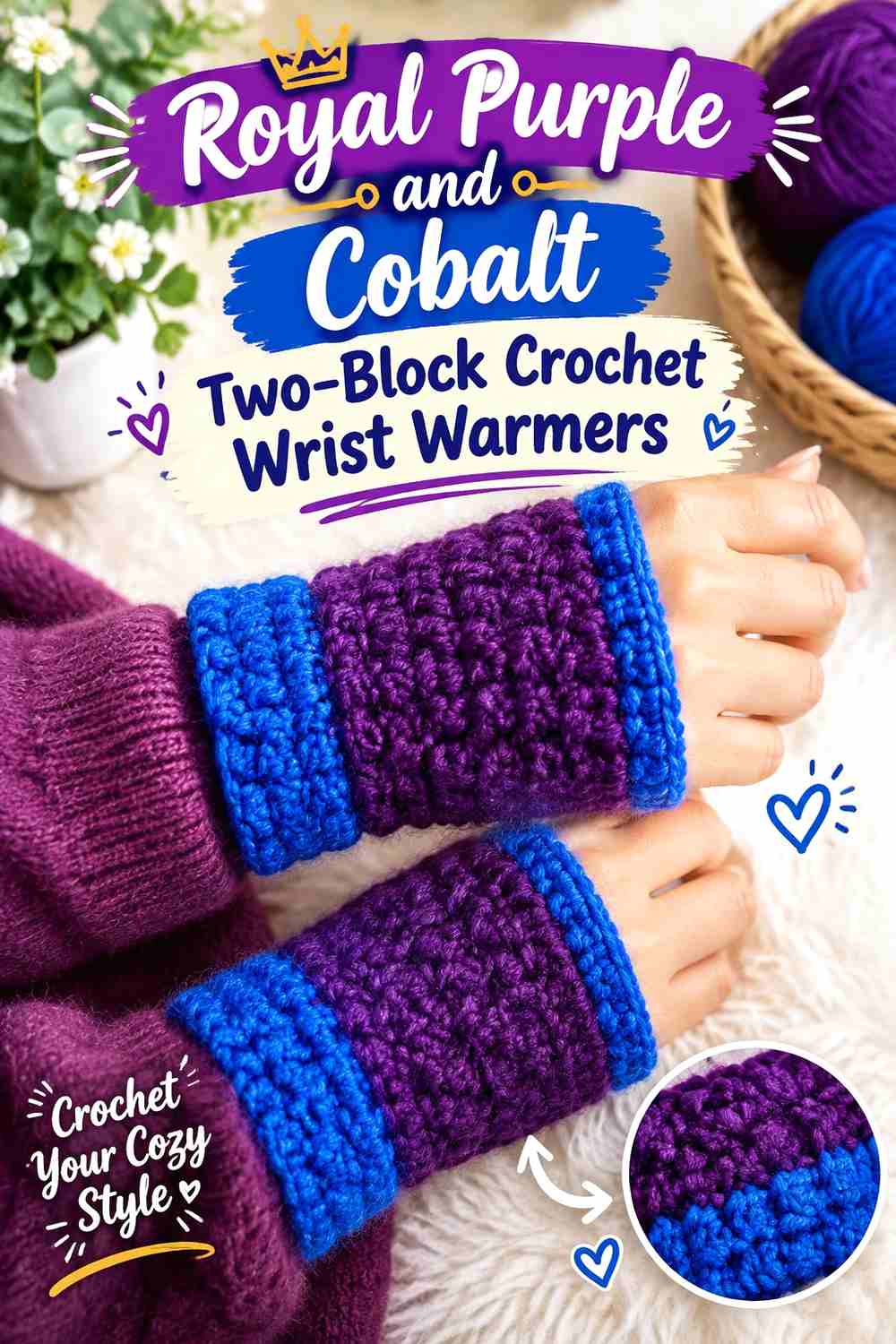 2. Royal Purple And Cobalt Two Block Crochet Wrist Warmers