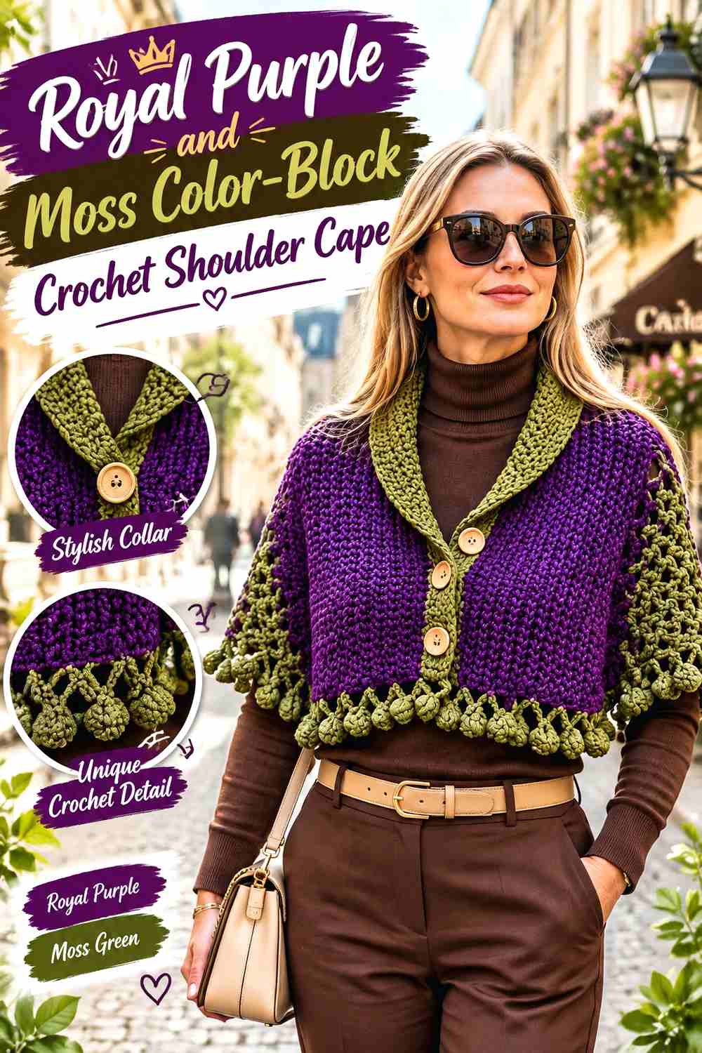 3. Royal Purple And Moss Color Block Crochet Shoulder Cape