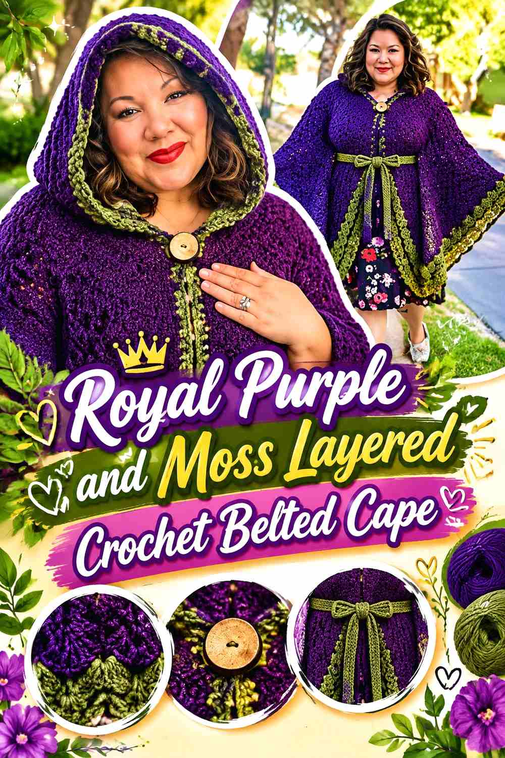 12. Royal Purple And Moss Layered Crochet Belted Cape