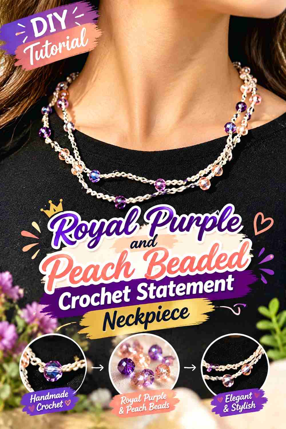 8. Royal Purple And Peach Beaded Crochet Statement Neckpiece