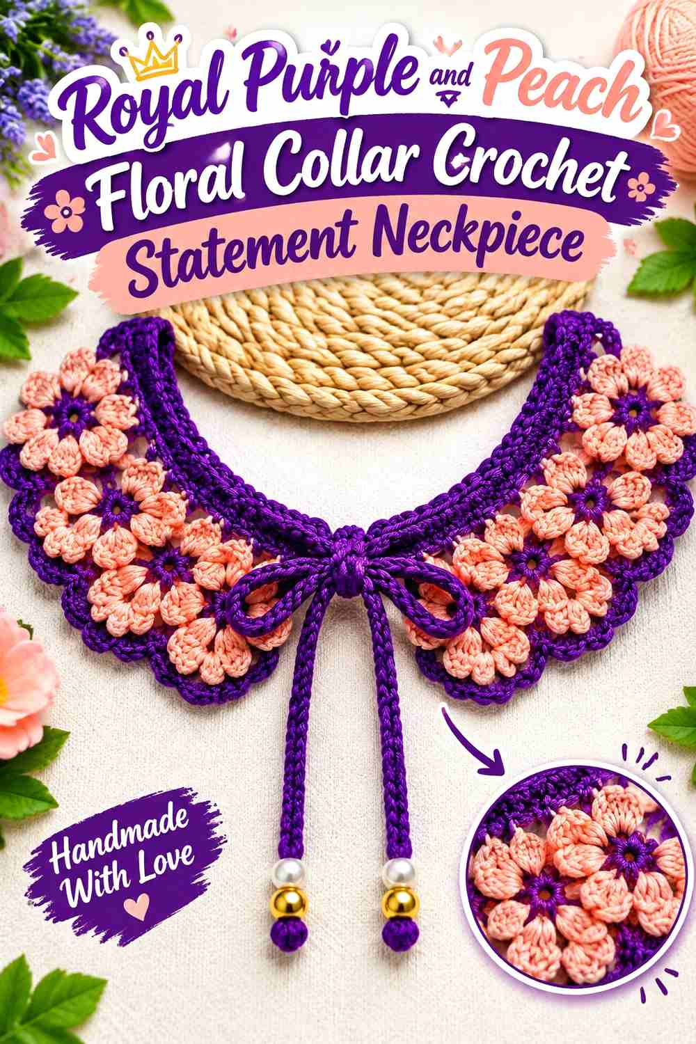 6. Royal Purple And Peach Floral Collar Crochet Statement Neckpiece