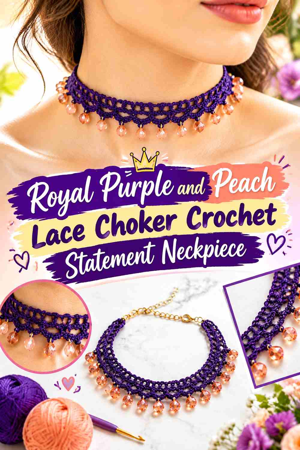 3. Royal Purple And Peach Lace Choker Crochet Statement Neckpiece