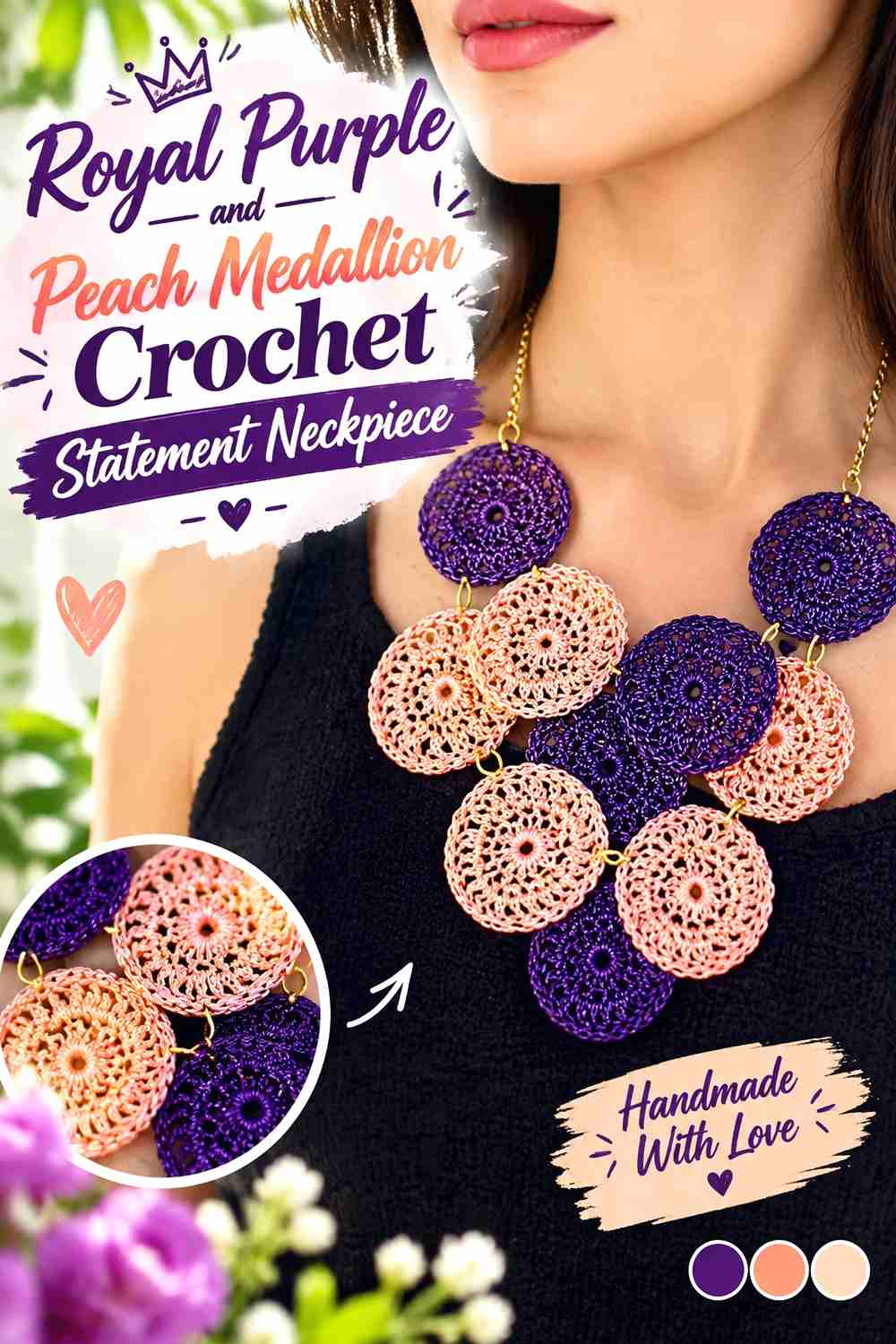 2. Royal Purple And Peach Medallion Crochet Statement Neckpiece