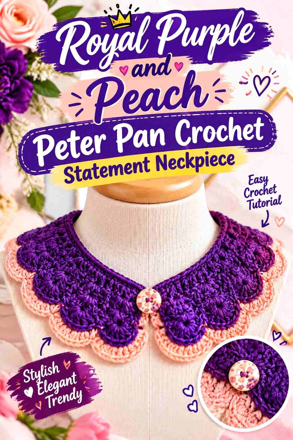 9. Royal Purple And Peach Peter Pan Crochet Statement Neckpiece