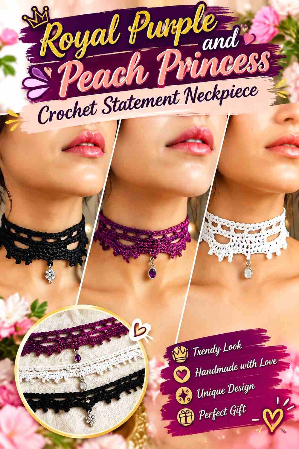 5. Royal Purple And Peach Princess Crochet Statement Neckpiece