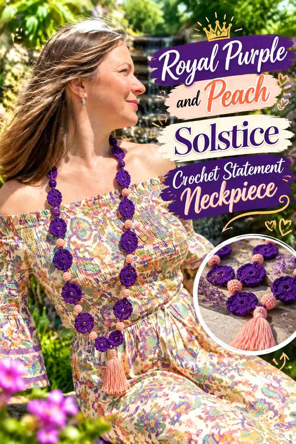 12. Royal Purple And Peach Solstice Crochet Statement Neckpiece
