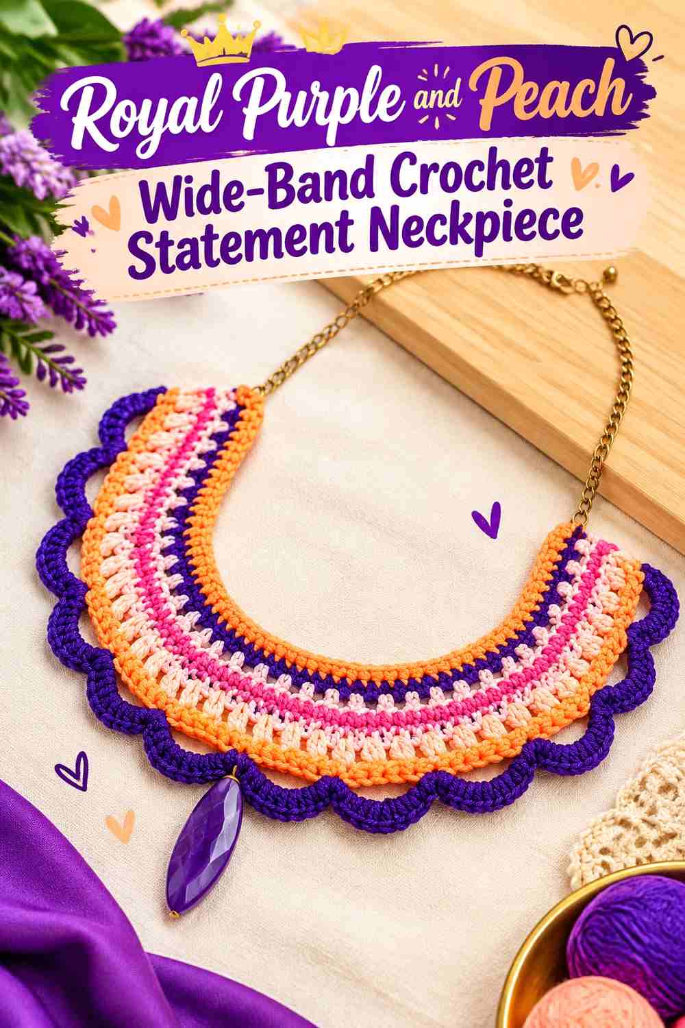 4. Royal Purple And Peach Wide Band Crochet Statement Neckpiece