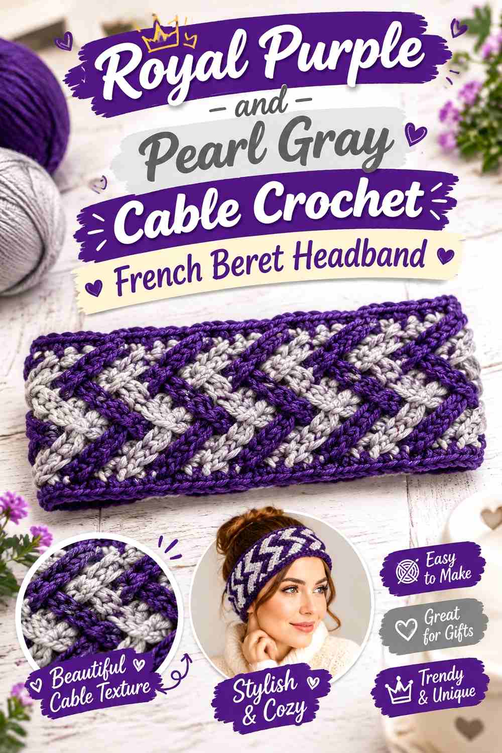 5. Royal Purple And Pearl Gray Cable Crochet French Beret Headband
