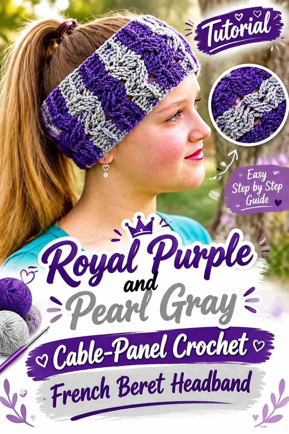 12. Royal Purple And Pearl Gray Cable Panel Crochet French Beret Headband