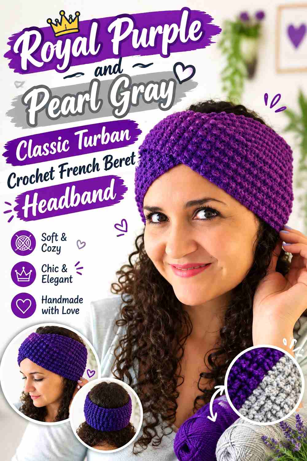10. Royal Purple And Pearl Gray Classic Turban Crochet French Beret Headband