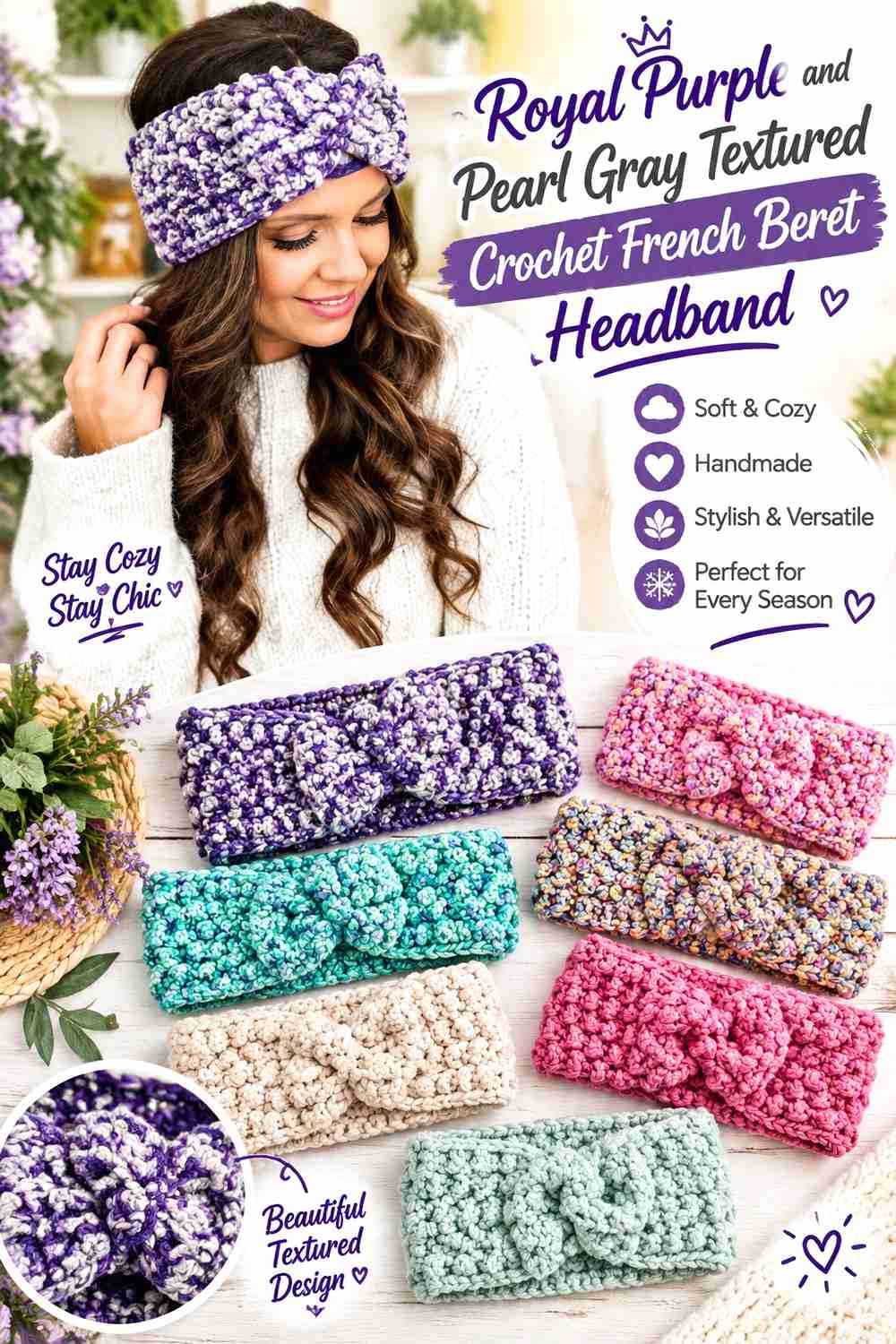 9. Royal Purple And Pearl Gray Textured Crochet French Beret Headband