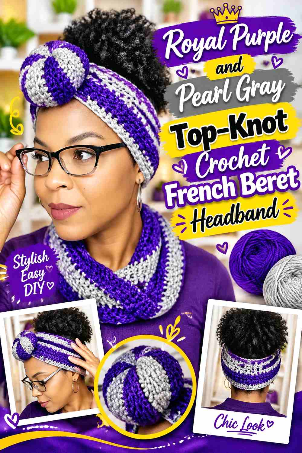 7. Royal Purple And Pearl Gray Top Knot Crochet French Beret Headband