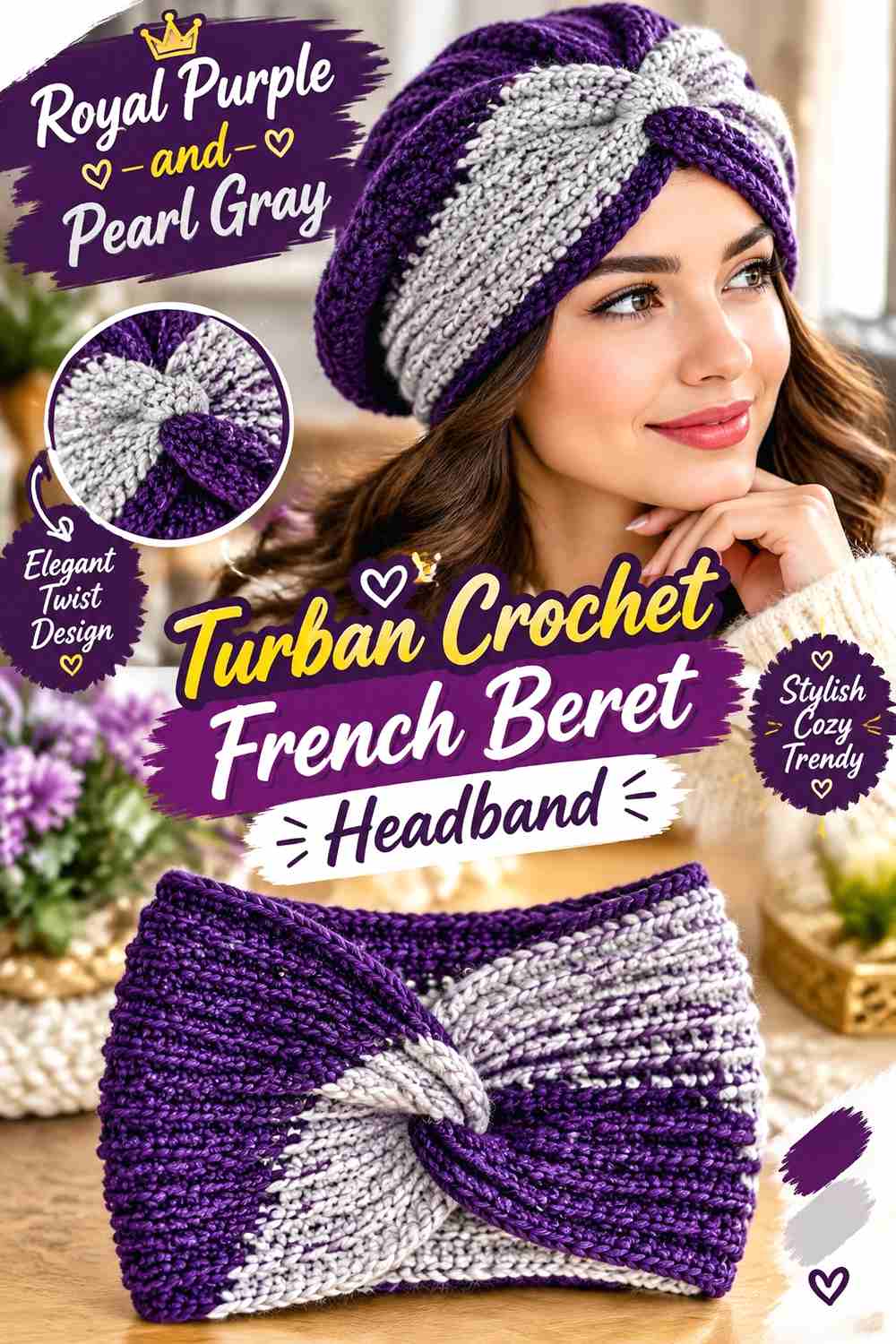 3. Royal Purple And Pearl Gray Turban Crochet French Beret Headband