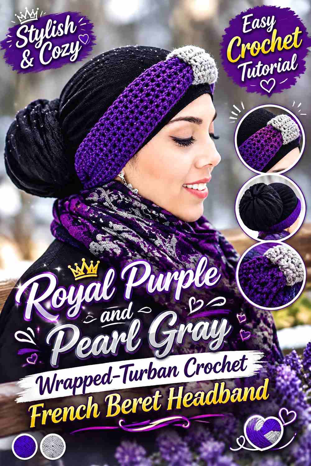 14. Royal Purple And Pearl Gray Wrapped Turban Crochet French Beret Headband