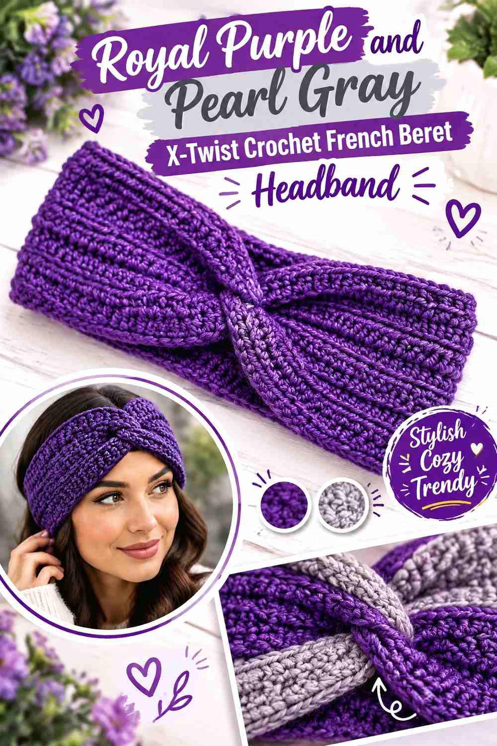 1. Royal Purple And Pearl Gray X Twist Crochet French Beret Headband