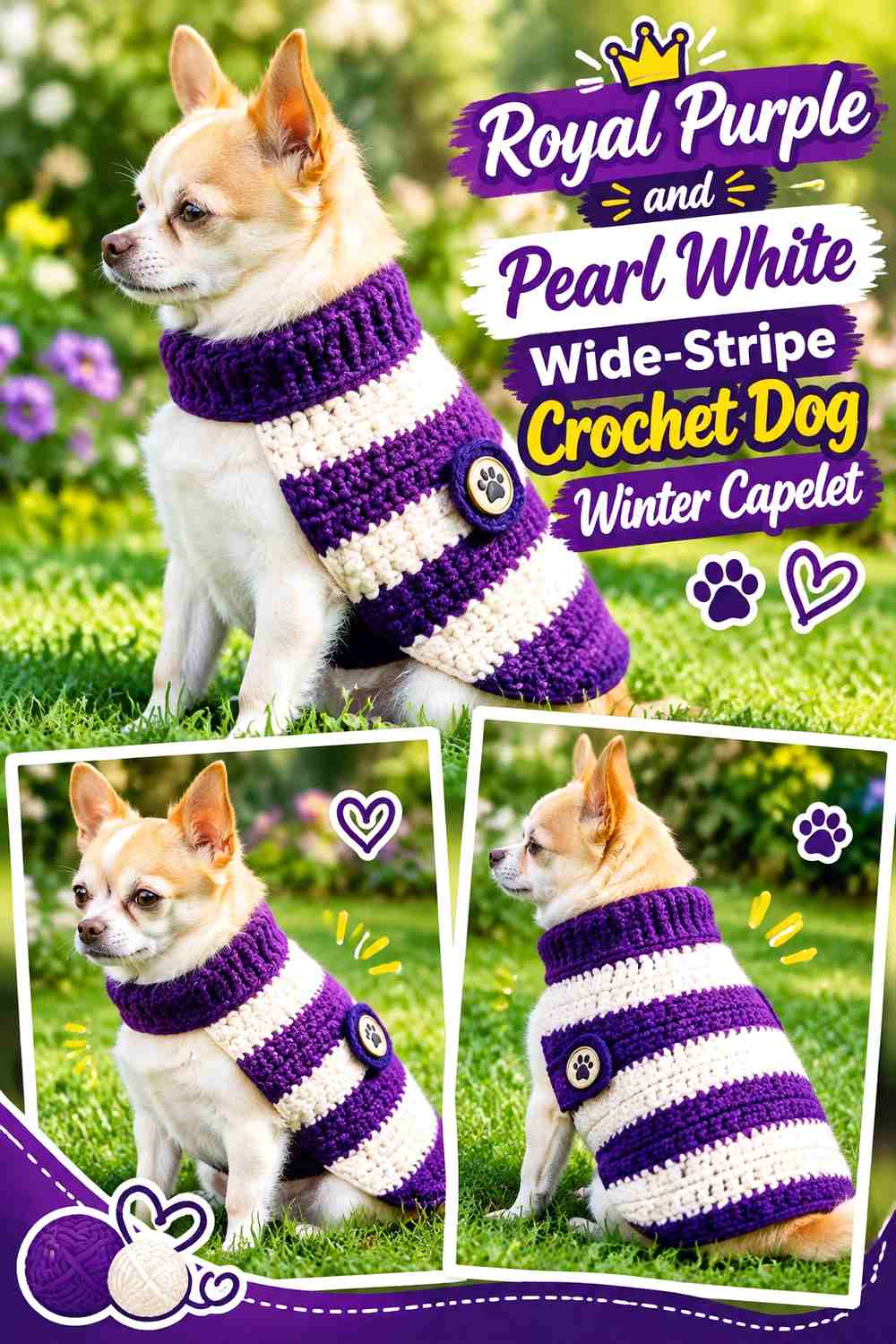 Royal Purple and Pearl White Wide-Stripe Crochet Dog Winter Capelet