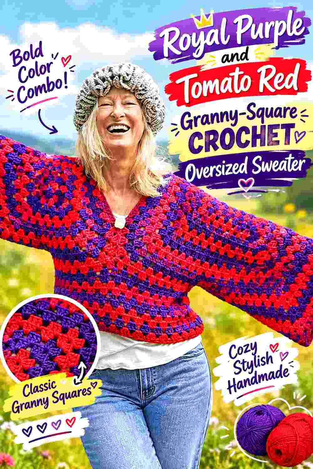 11. Royal Purple And Tomato Red Granny Square Crochet Oversized Sweater