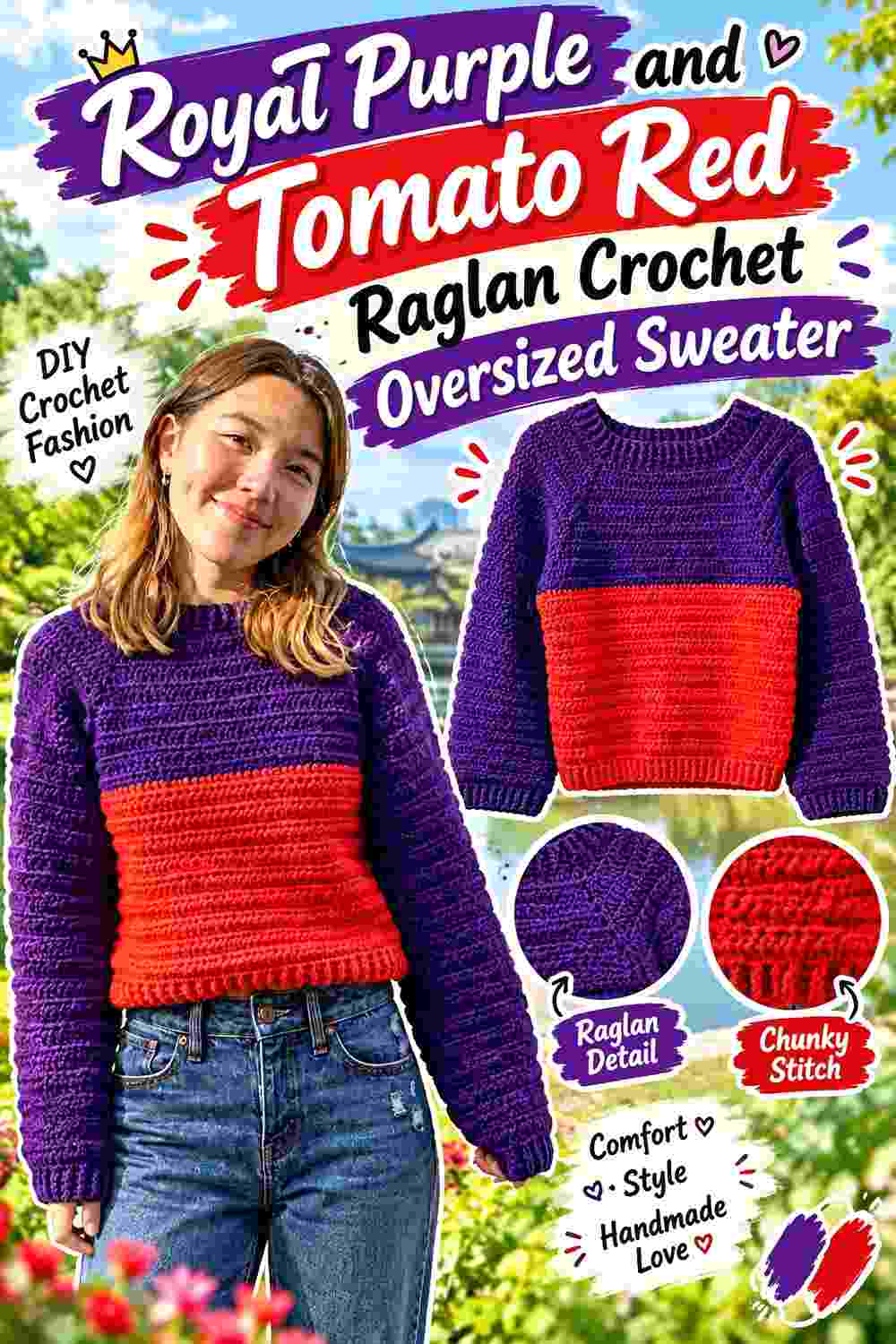 2. Royal Purple And Tomato Red Raglan Crochet Oversized Sweater