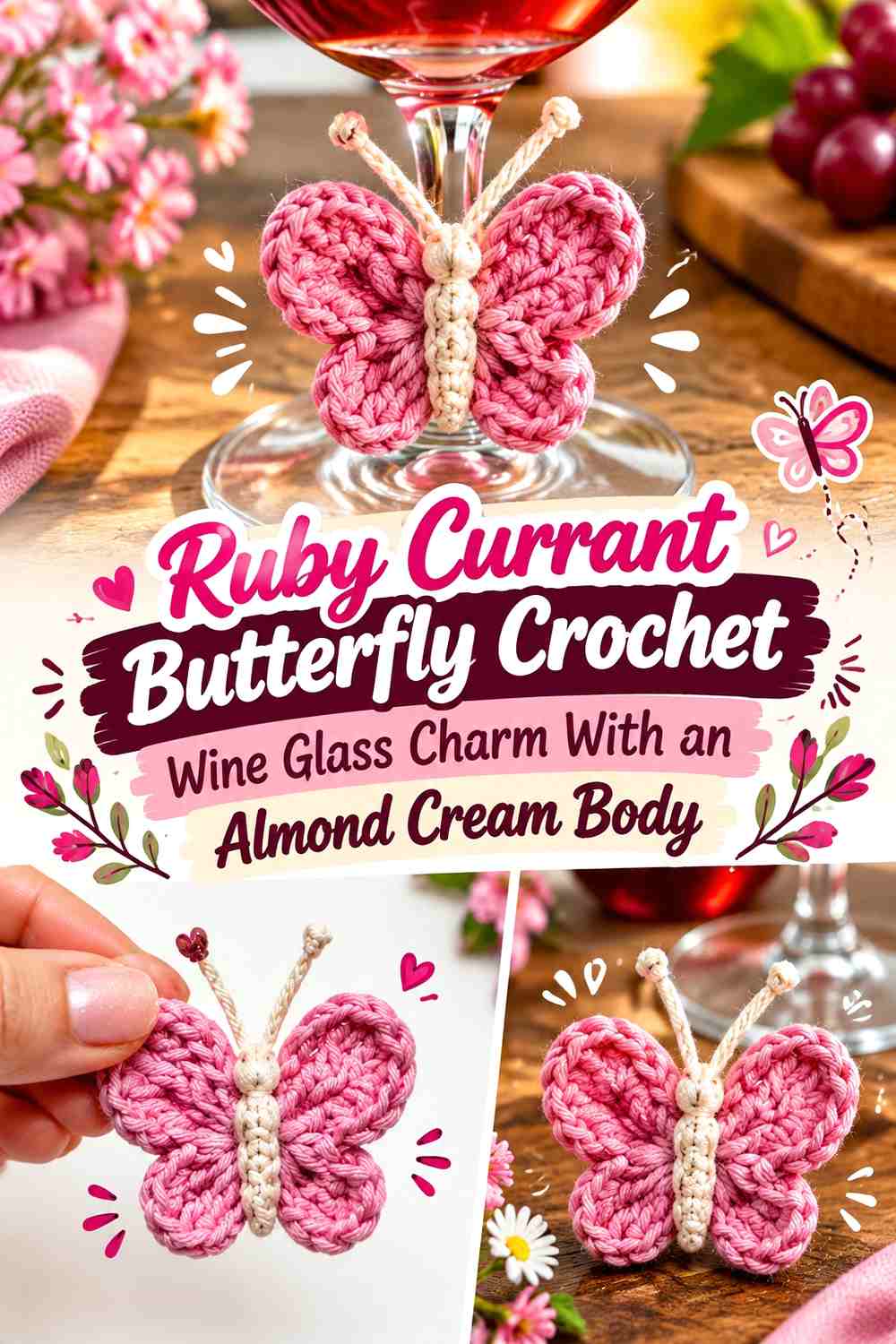 Ruby Currant Butterfly Crochet Wine Glass Charm With an Almond Cream Body