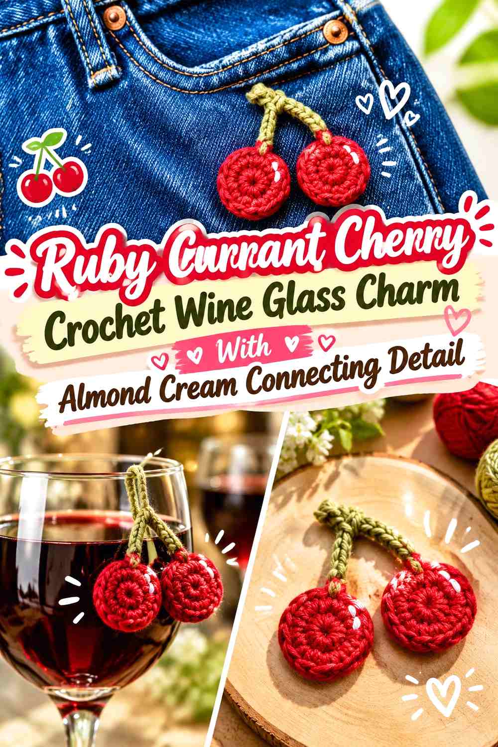 Ruby Currant Cherry Crochet Wine Glass Charm With Almond Cream Connecting Detail