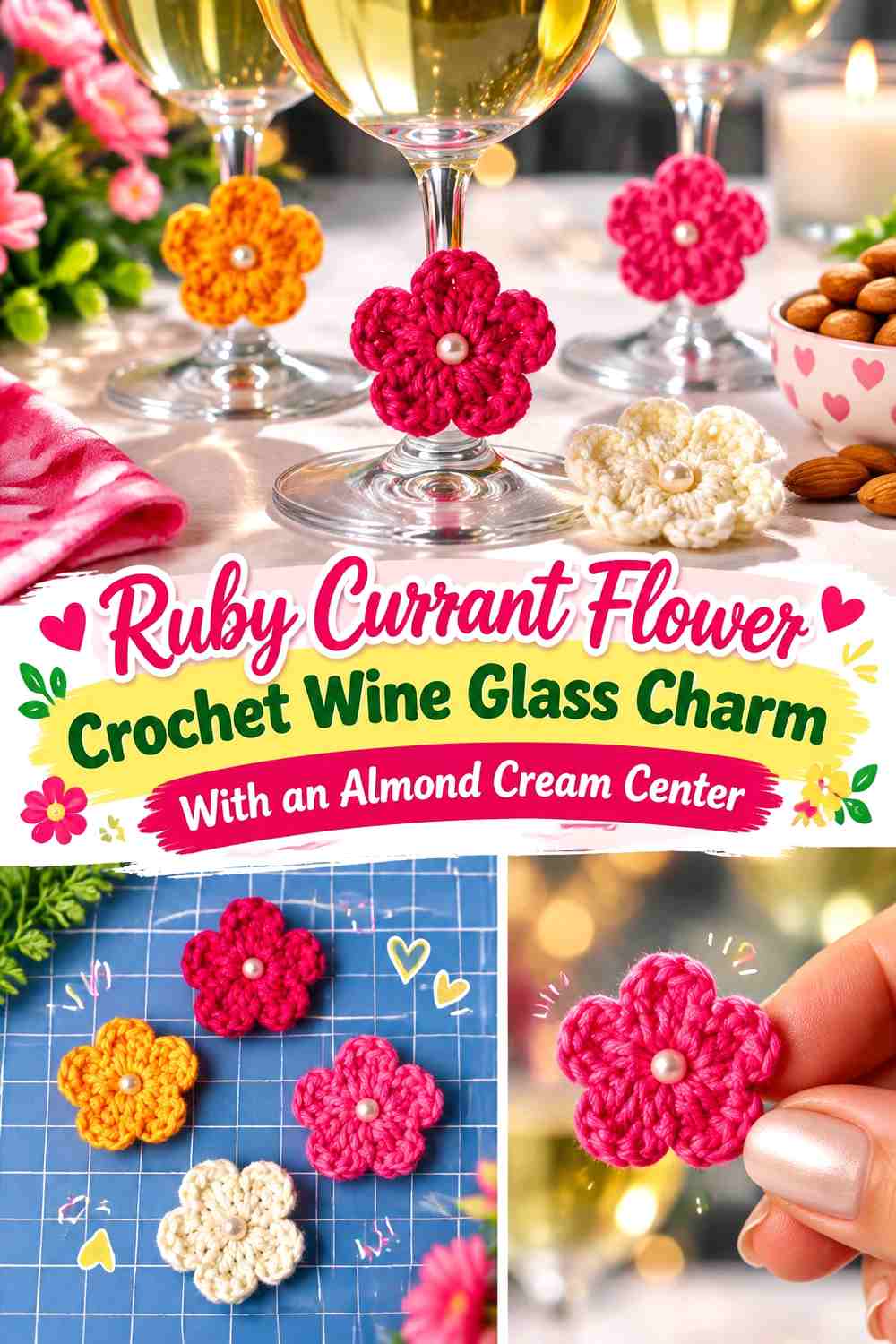 Ruby Currant Flower Crochet Wine Glass Charm With an Almond Cream Center