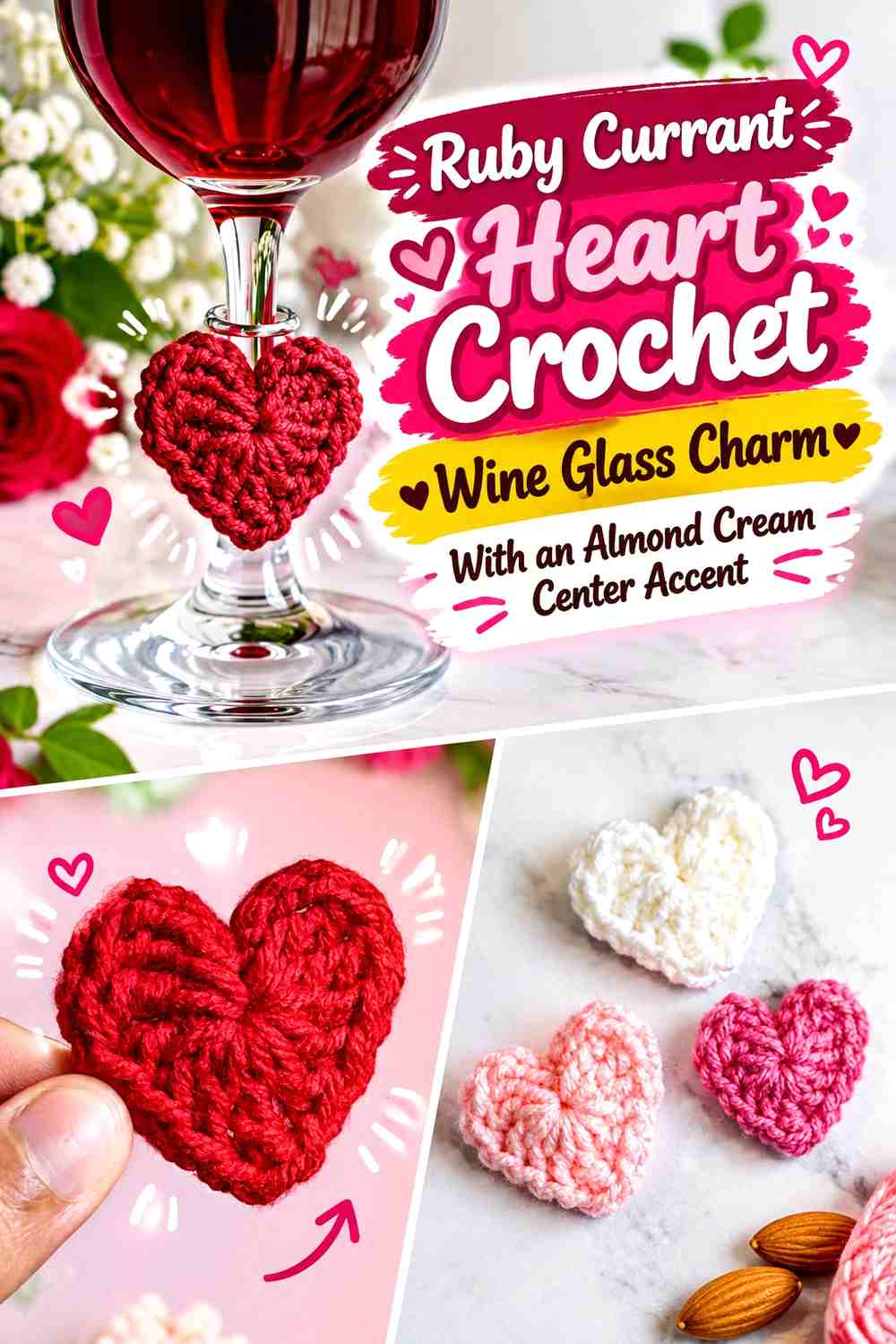 Ruby Currant Heart Crochet Wine Glass Charm With an Almond Cream Center Accent