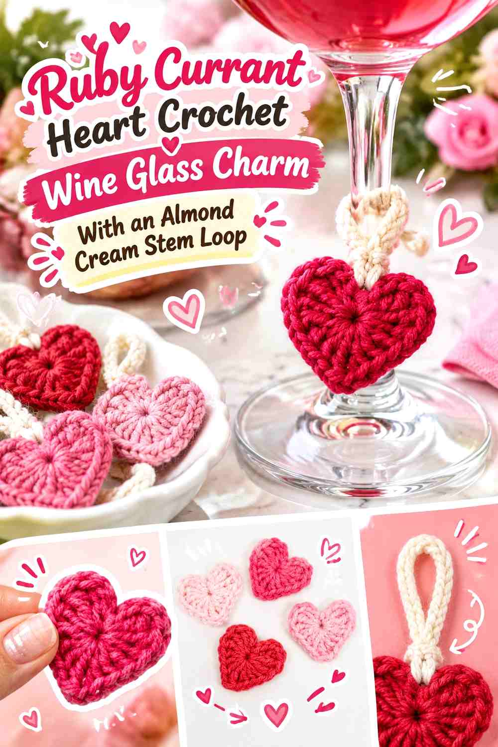Ruby Currant Heart Crochet Wine Glass Charm With an Almond Cream Stem Loop