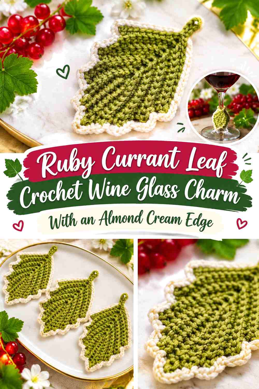 Ruby Currant Leaf Crochet Wine Glass Charm With an Almond Cream Edge