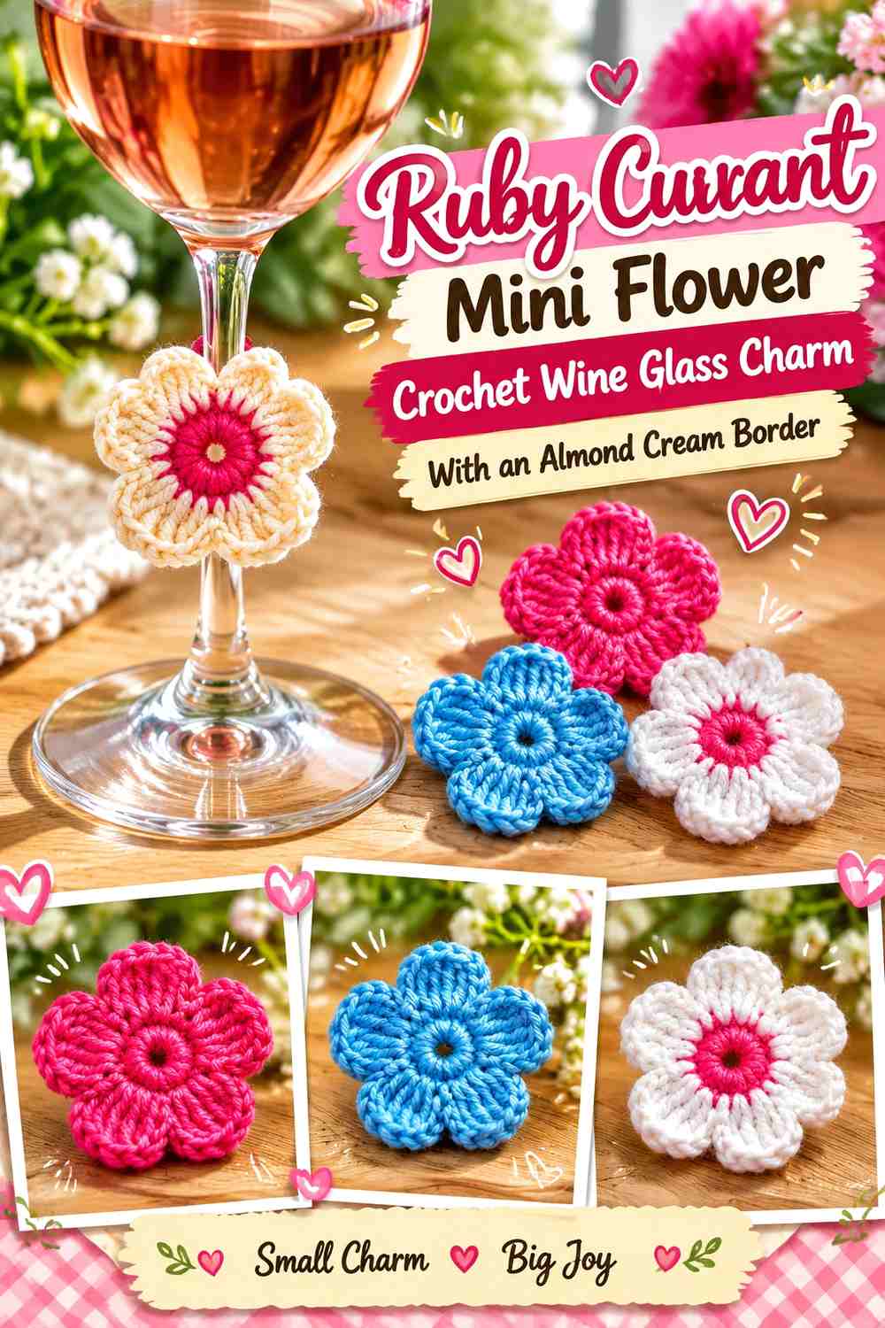 Ruby Currant Mini Flower Crochet Wine Glass Charm With an Almond Cream Border