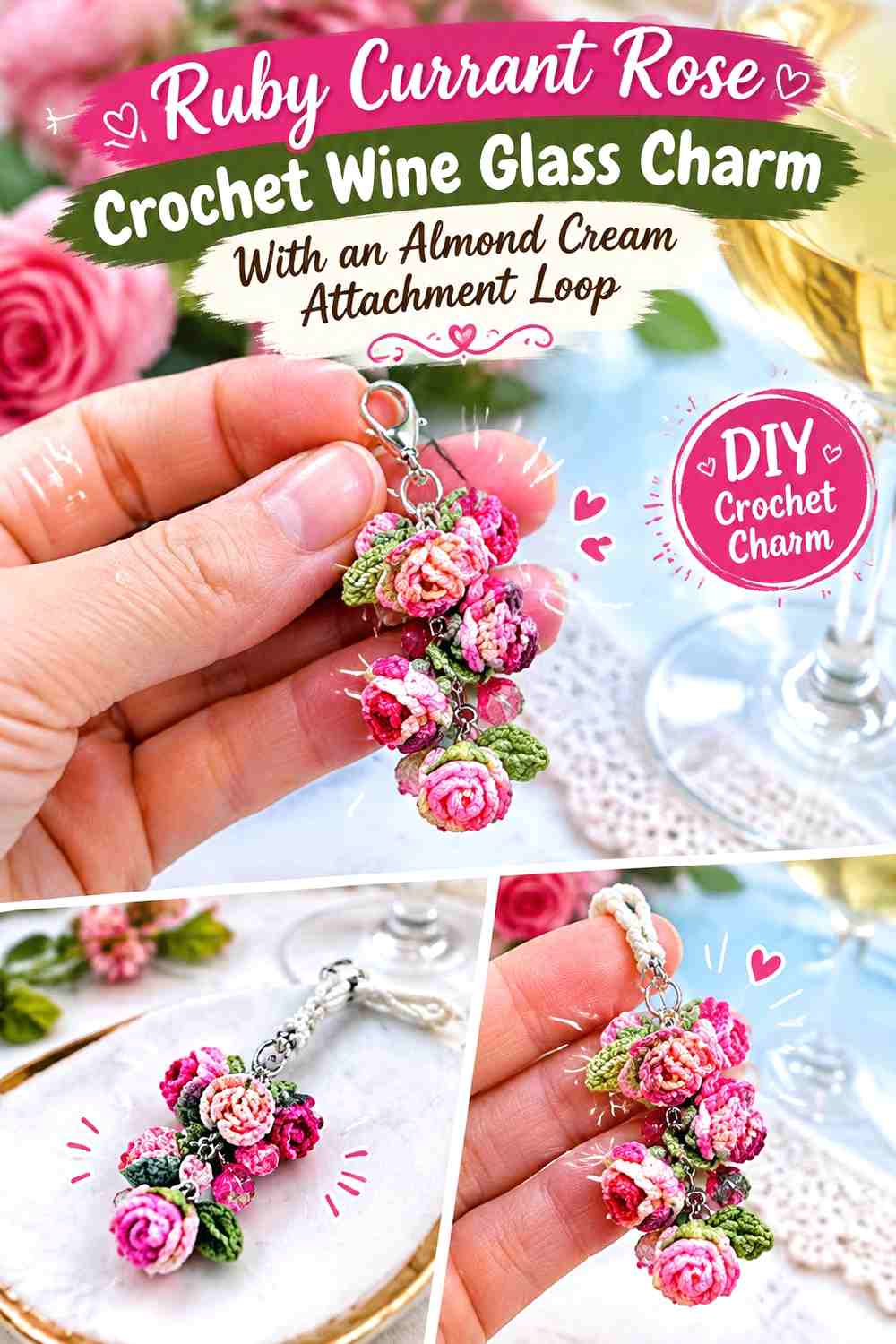 Ruby Currant Rose Crochet Wine Glass Charm With an Almond Cream Attachment Loop