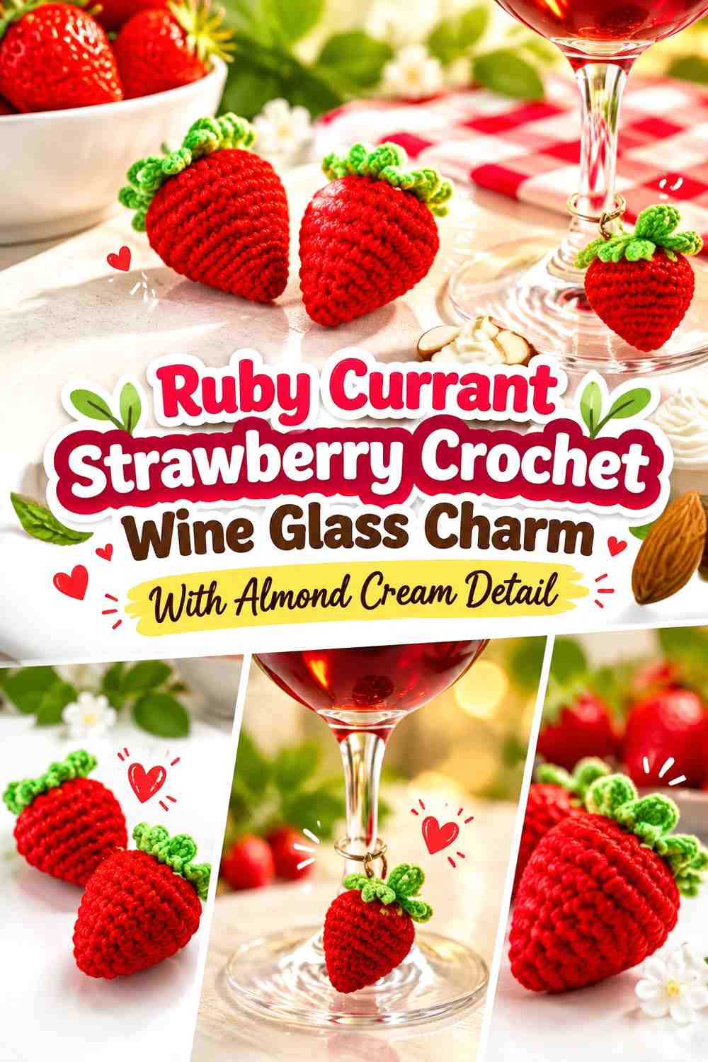 Ruby Currant Strawberry Crochet Wine Glass Charm With Almond Cream Detail