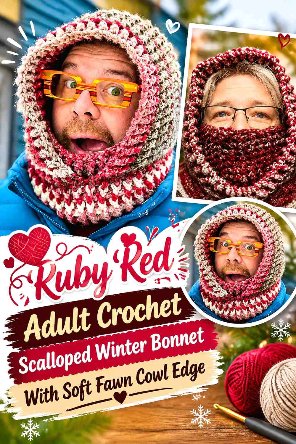 Ruby Red Adult Crochet Scalloped Winter Bonnet With Soft Fawn Cowl Edge