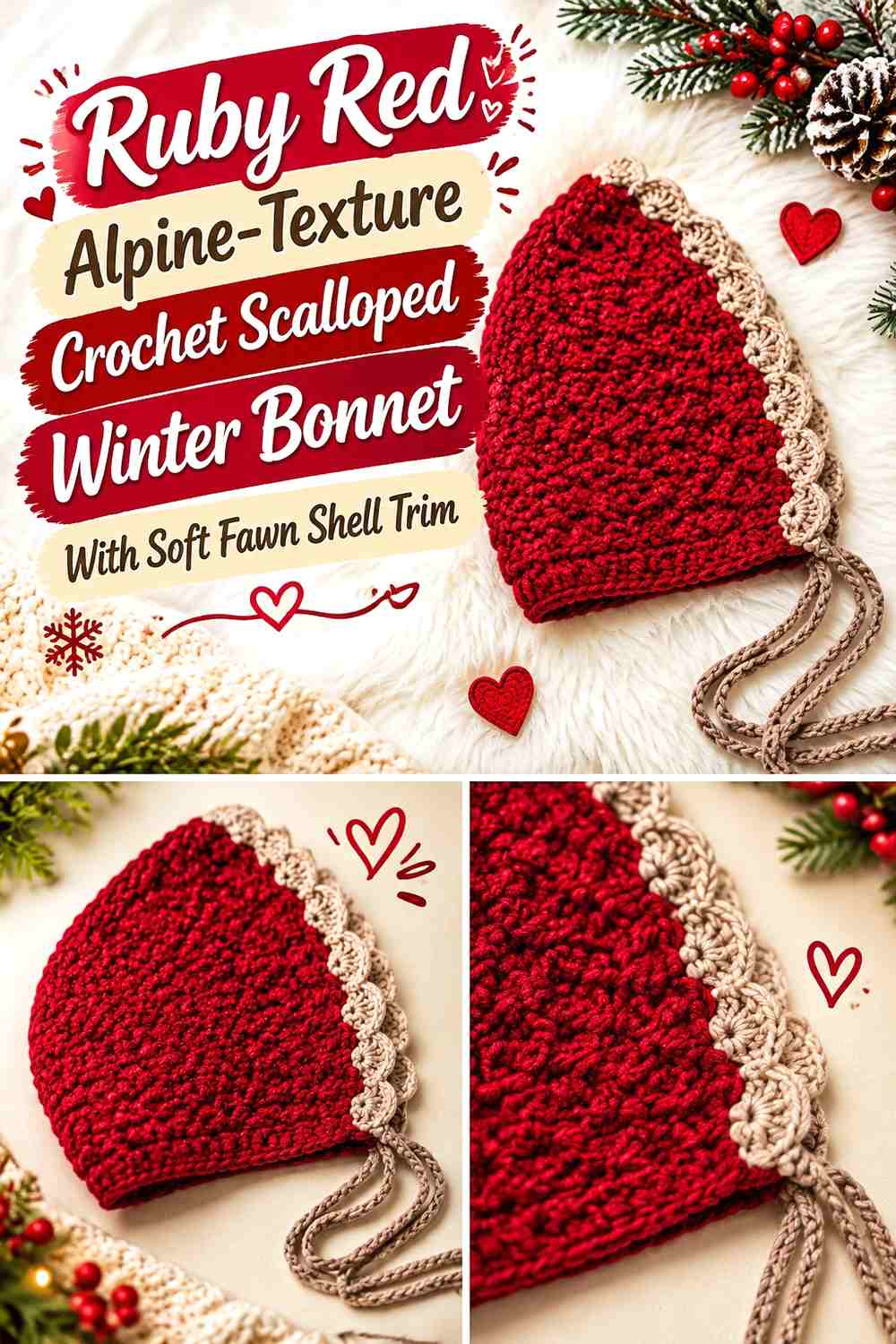 Ruby Red Alpine-Texture Crochet Scalloped Winter Bonnet With Soft Fawn Shell Trim
