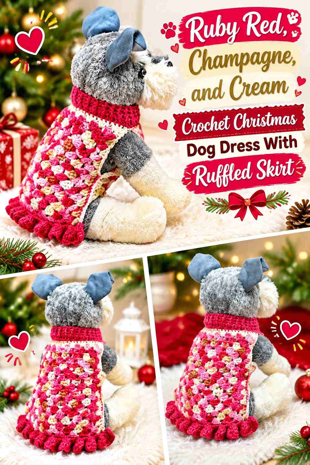 Ruby Red, Champagne, and Cream Crochet Christmas Dog Dress With Ruffled Skirt