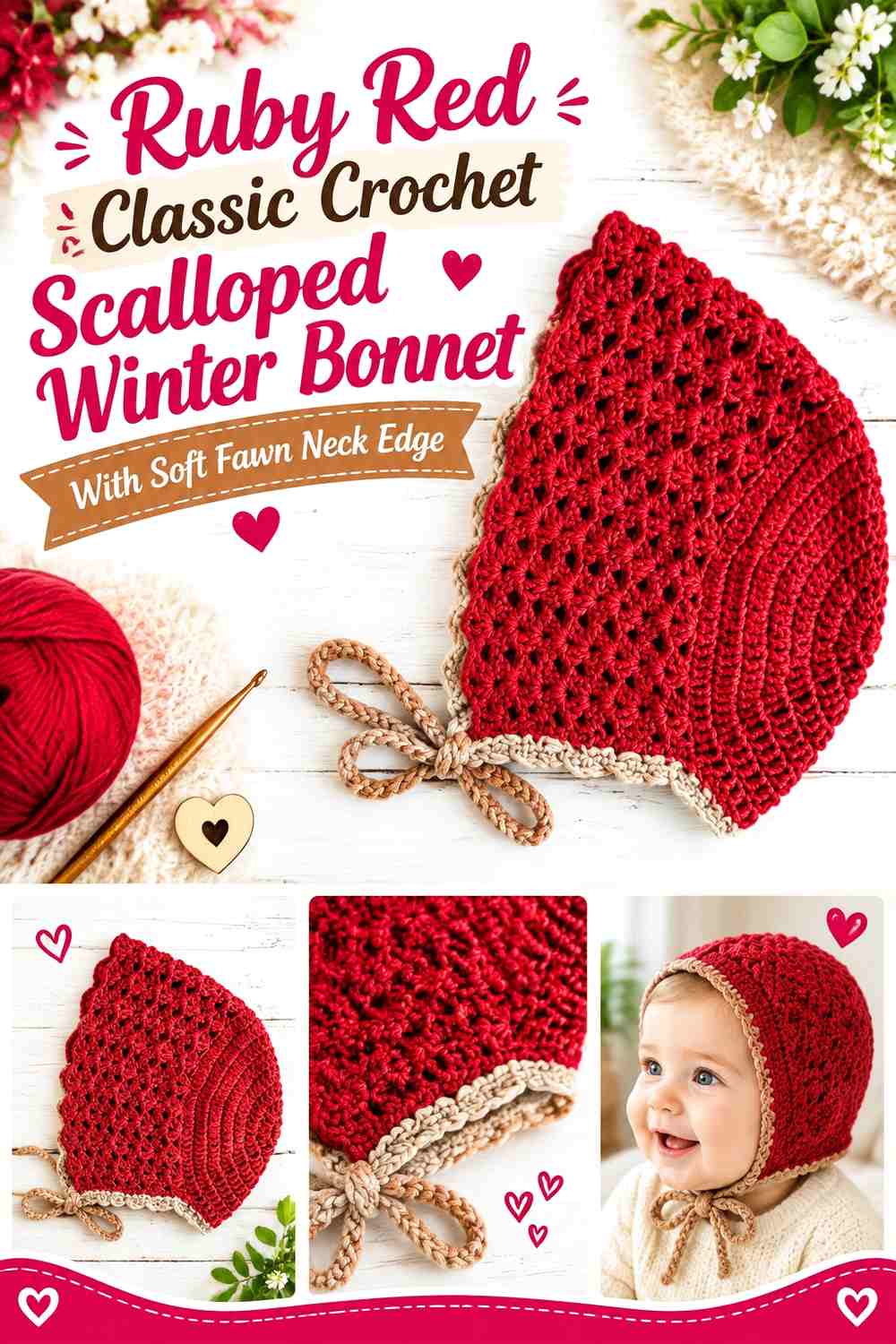 Ruby Red Classic Crochet Scalloped Winter Bonnet With Soft Fawn Neck Edge