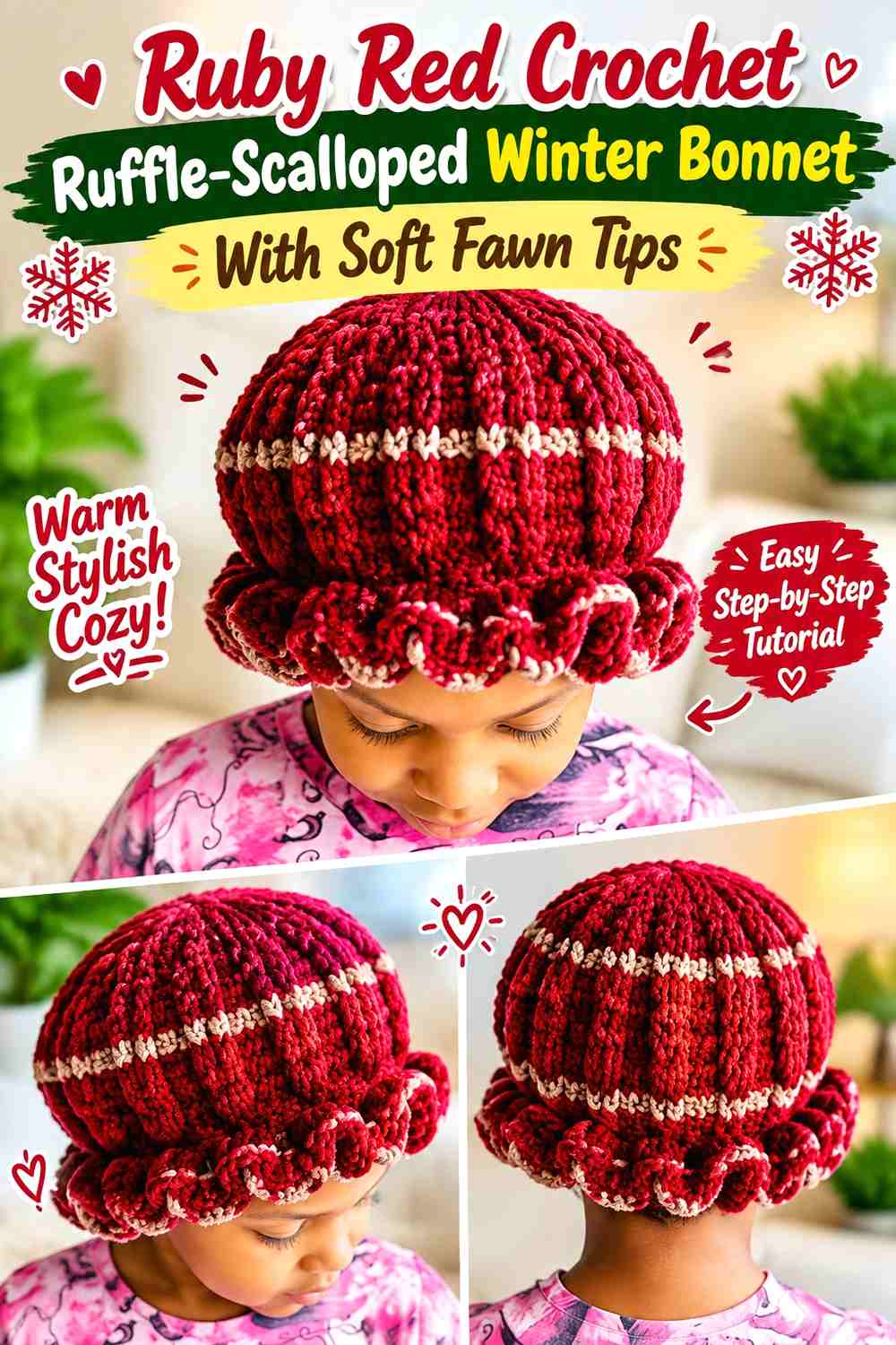 Ruby Red Crochet Ruffle-Scalloped Winter Bonnet With Soft Fawn Tips
