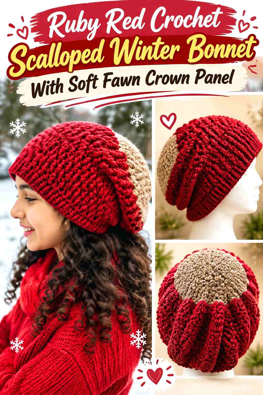 Ruby Red Crochet Scalloped Winter Bonnet With Soft Fawn Crown Panel